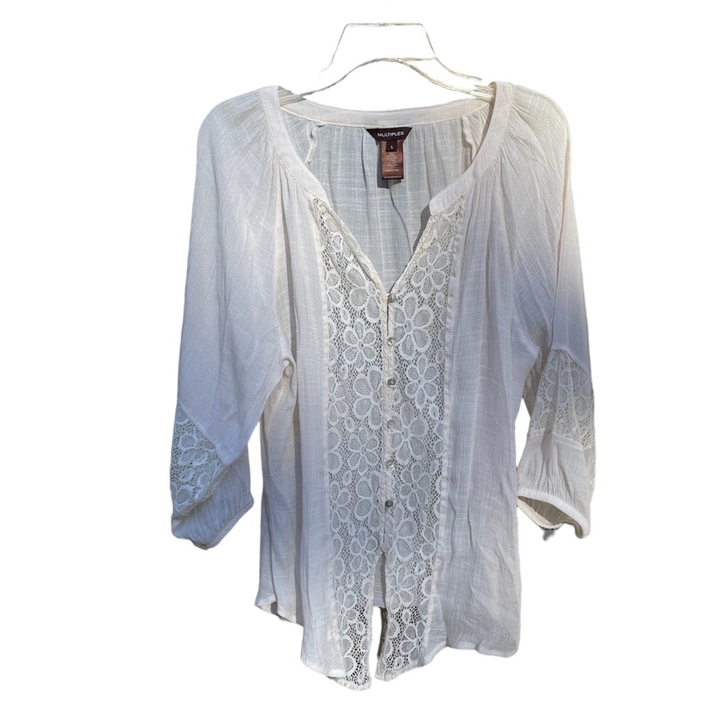Multiples Blouse Sz L Cream Lace Up 3/4 Sleeve Elastic Cuff